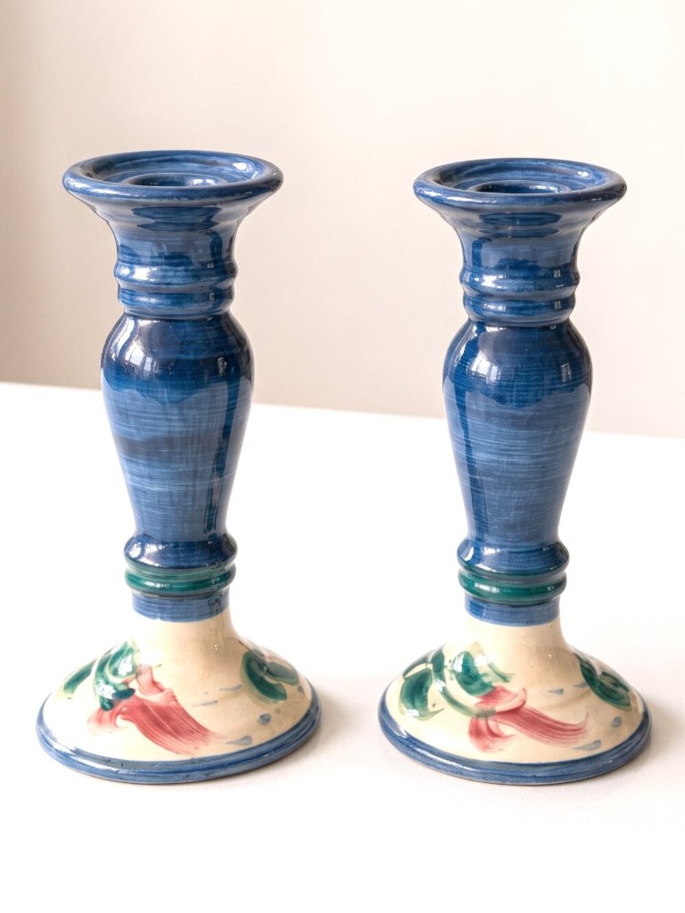 Signed Fitzpatrick ’96 Hand Painted Blue Floral Ceramic Candle Holders Pair